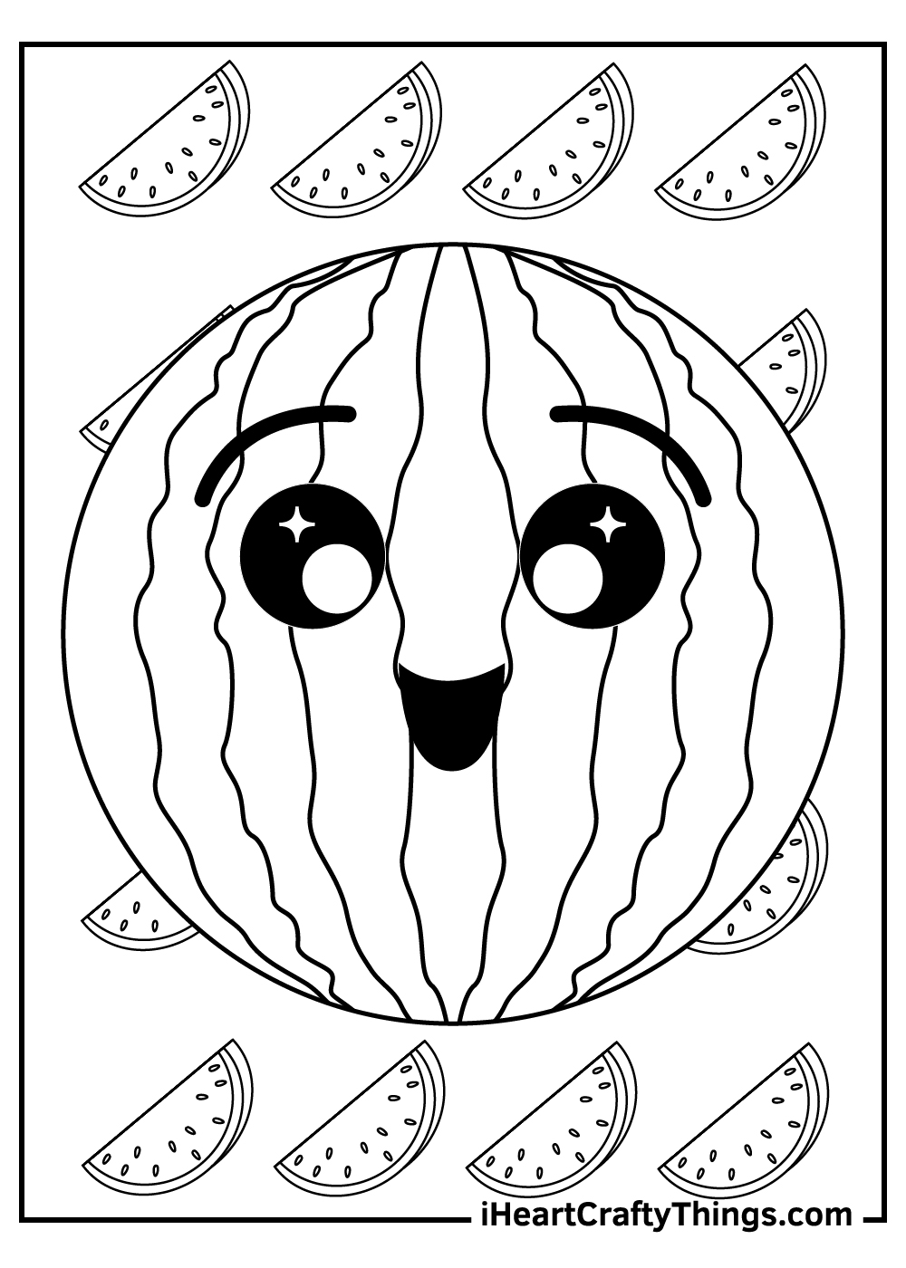 Coloring page for preschoolers featuring happy watermelon with many small slices all around it