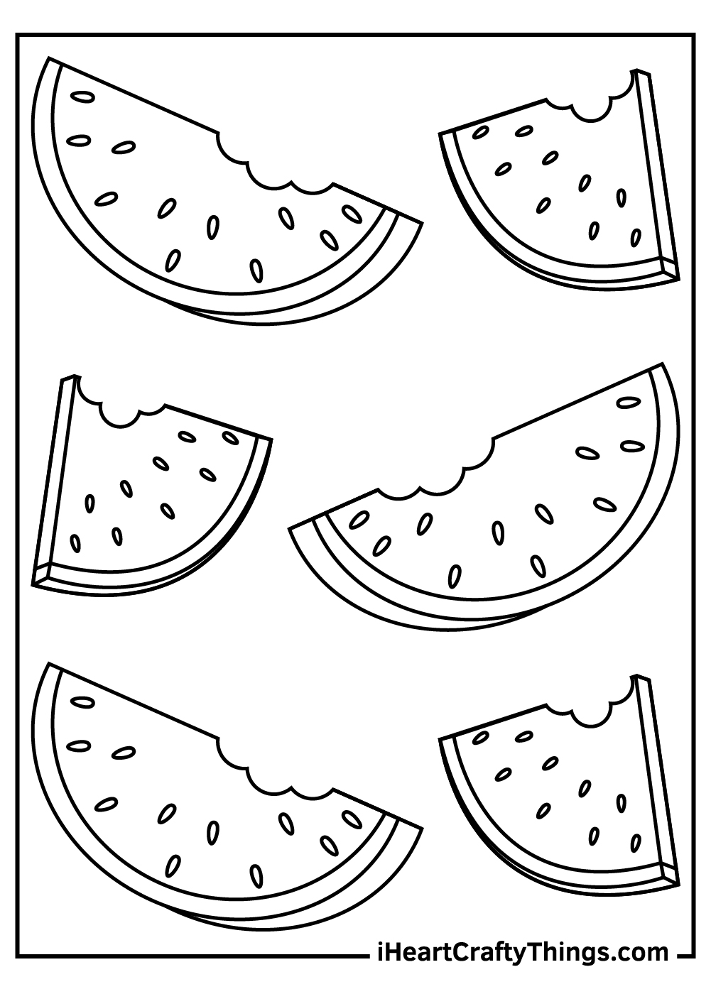 Detailed coloring image for children featuring six various size watermelon slices