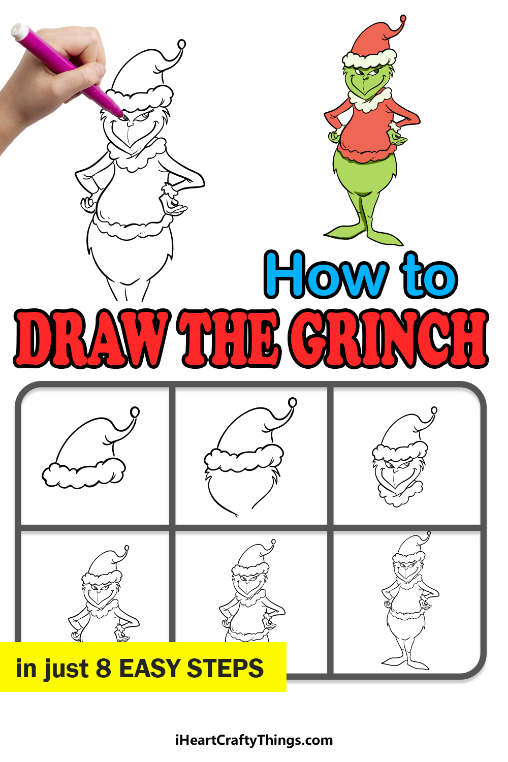 how to draw the grinch in 8 easy steps