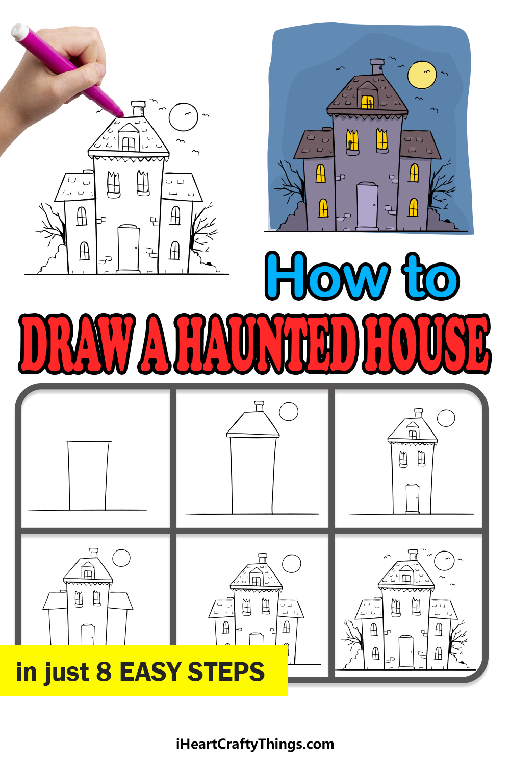 how to draw haunted house in 8 easy steps