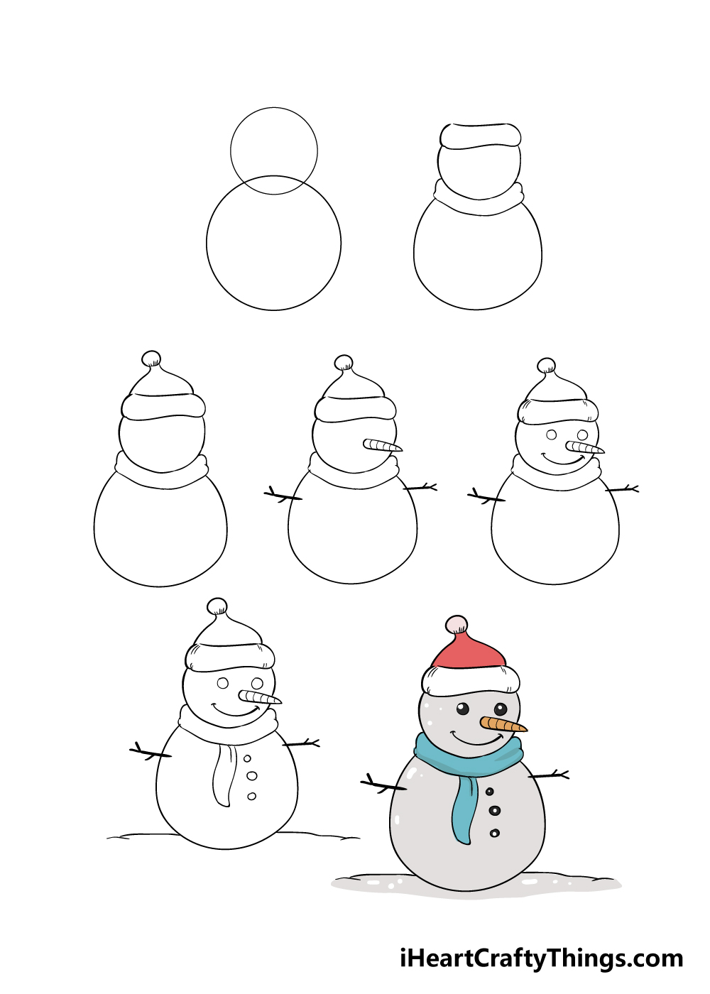 how to draw snowman in 7 steps