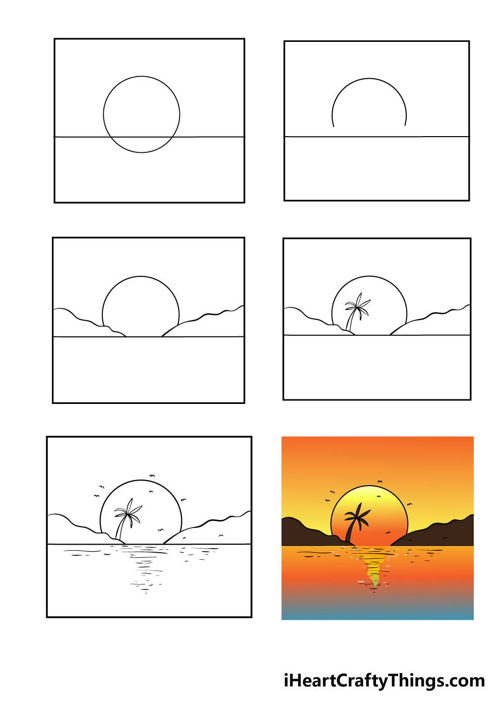how to draw sunset in 6 steps