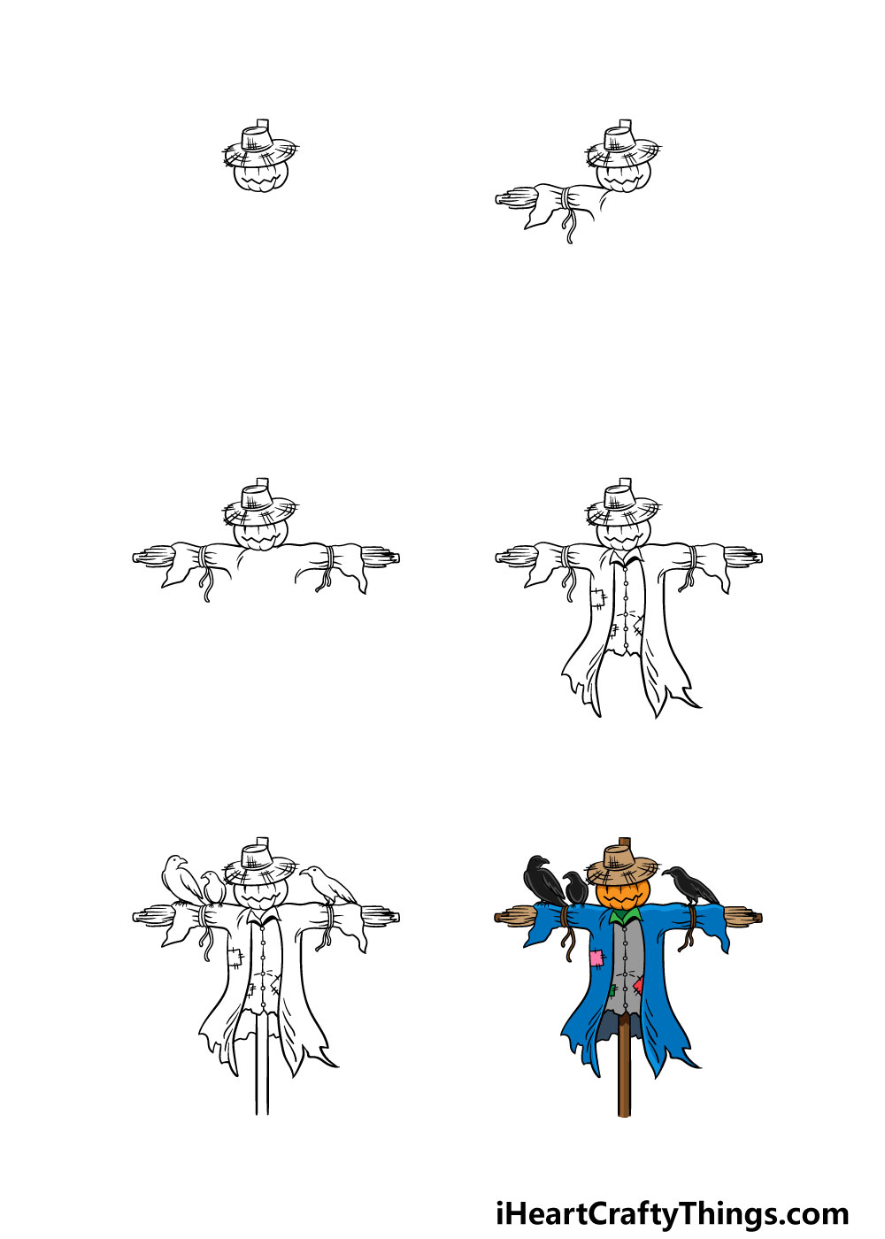 how to draw a scarecrow in 6 steps