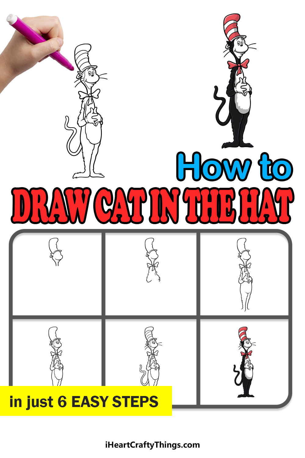 how to draw cat in the hat in 6 easy steps