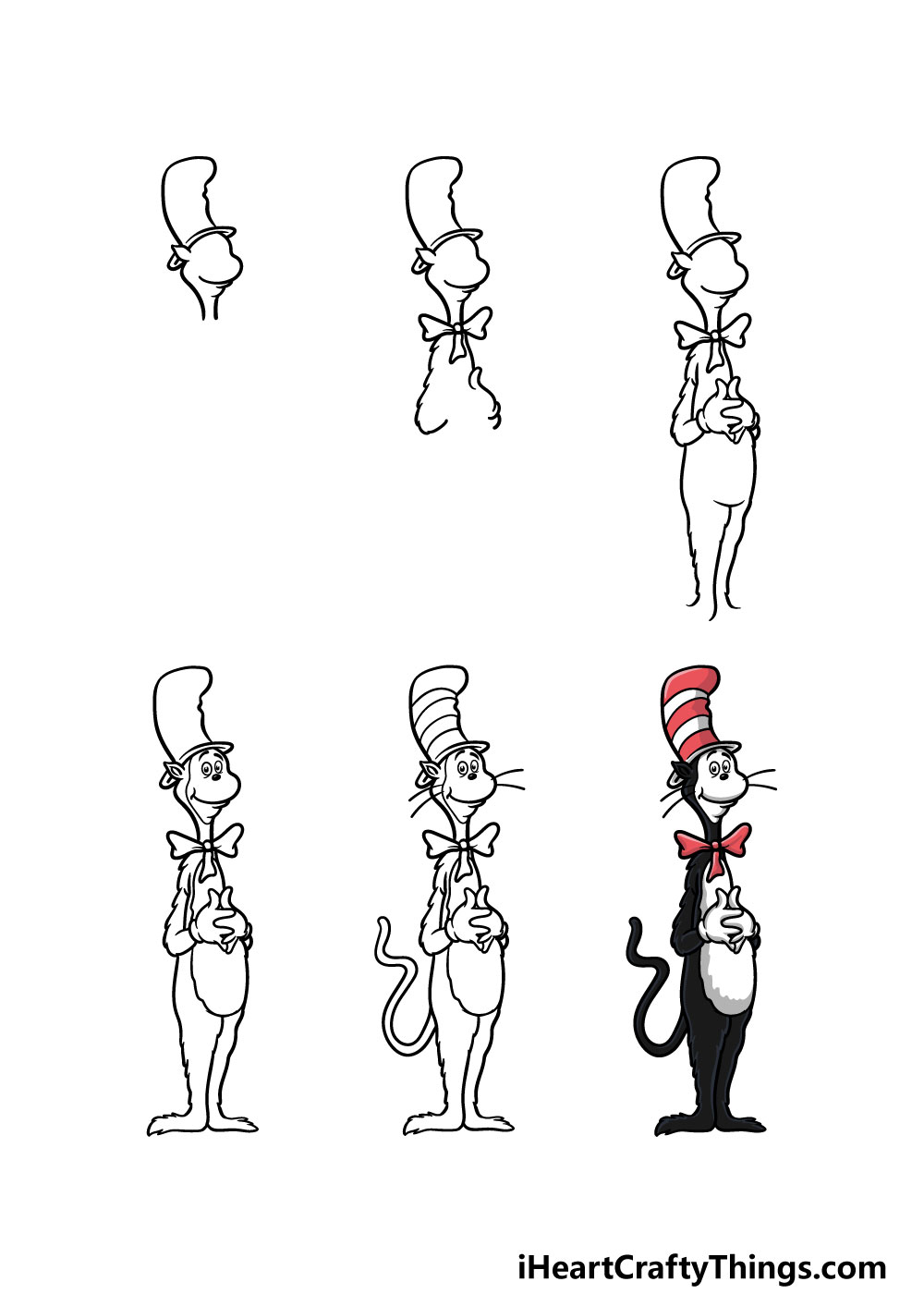 how to draw cat in the hat in 6 steps