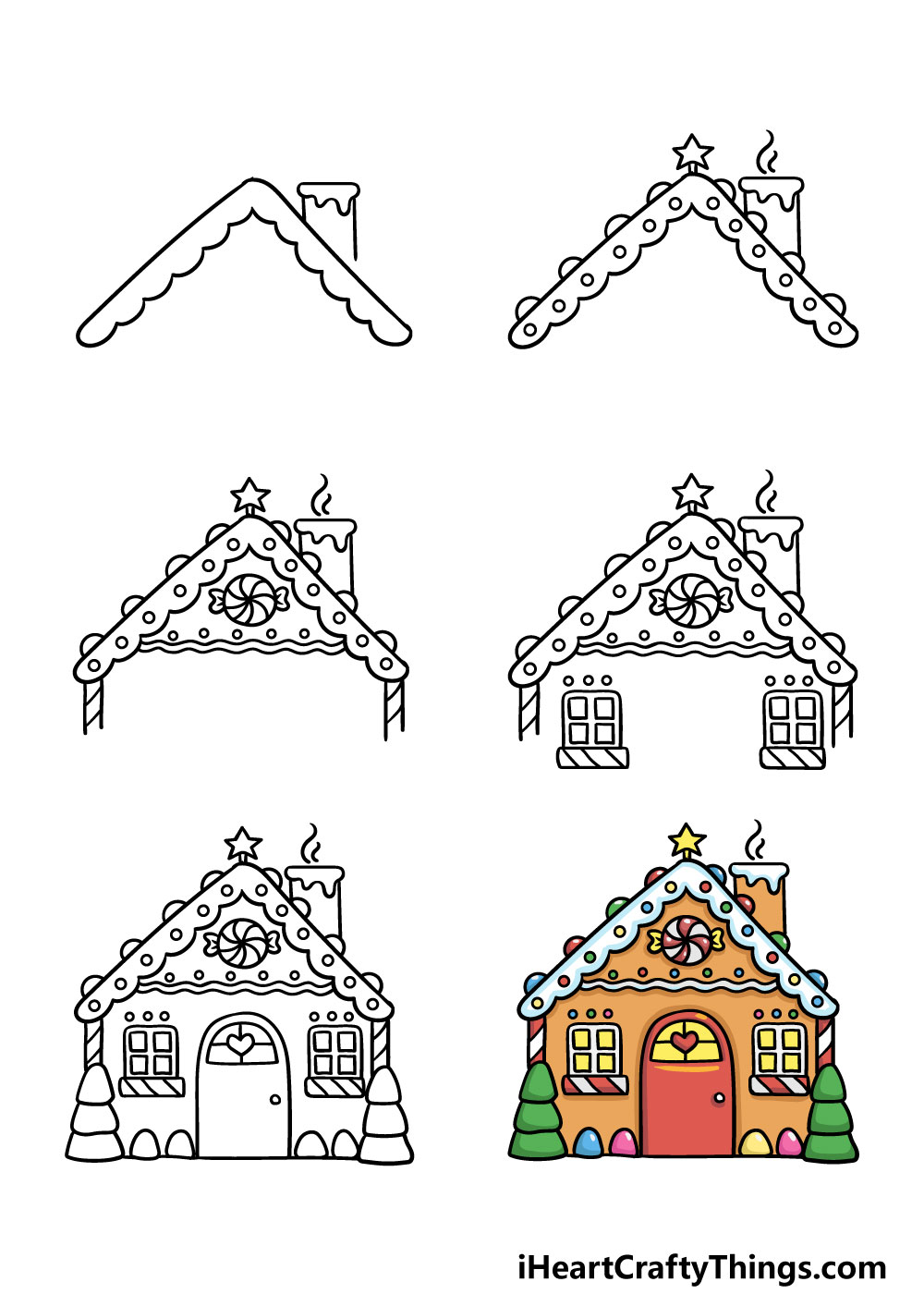 how to draw gingerbread house in 6 steps