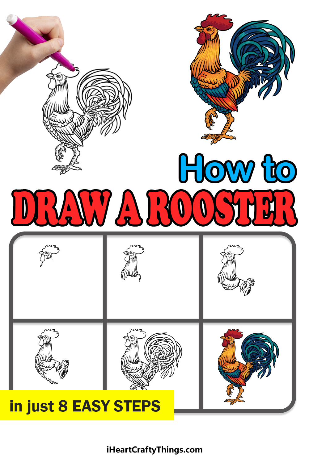 How To Draw A Cartoon Rooster, Step by Step, Drawing Guide, by