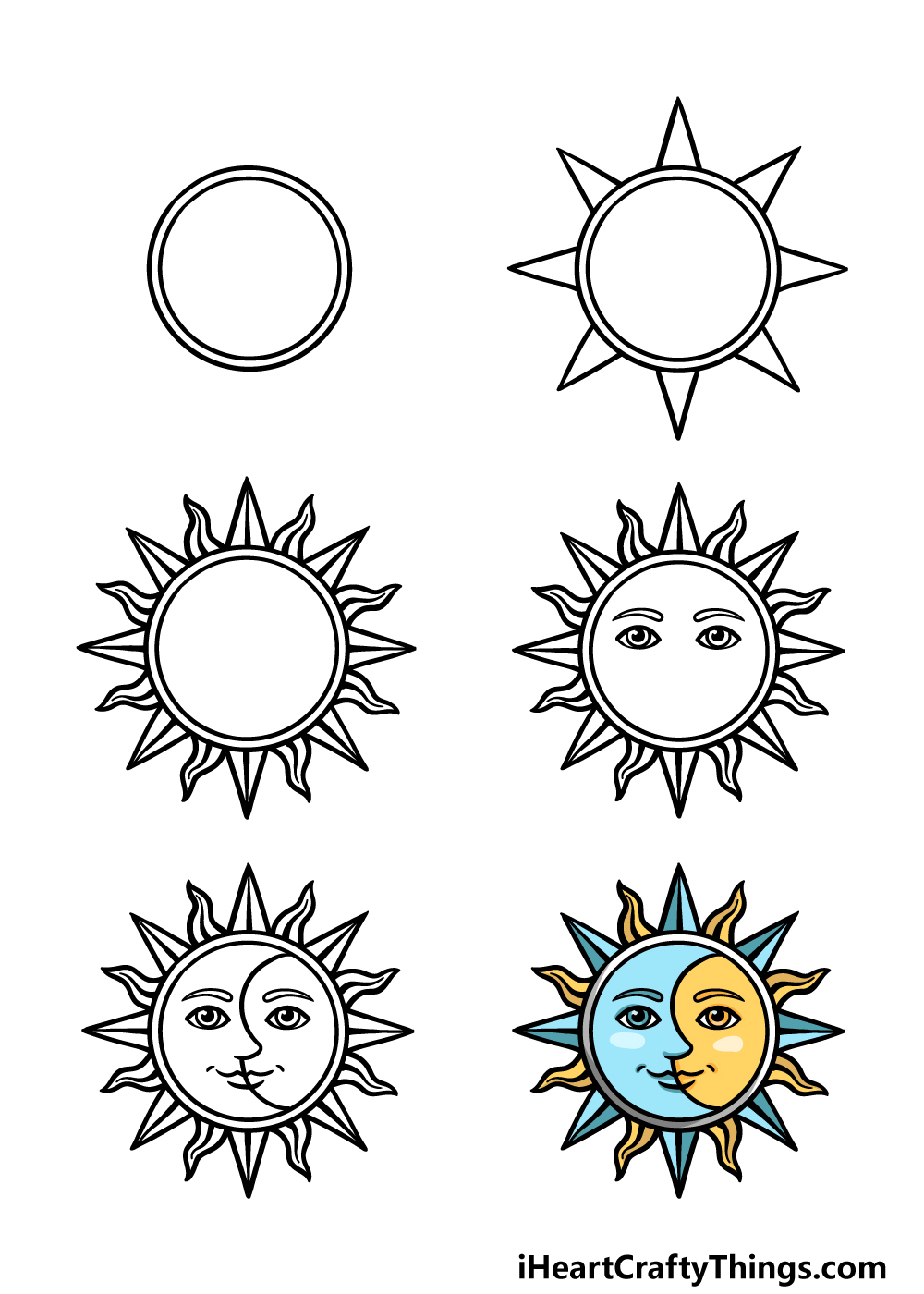 how to draw sun and moon in 6 steps