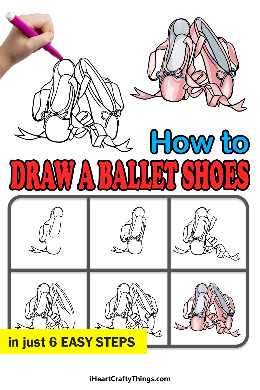 how to draw a ballet shoes in 6 easy steps