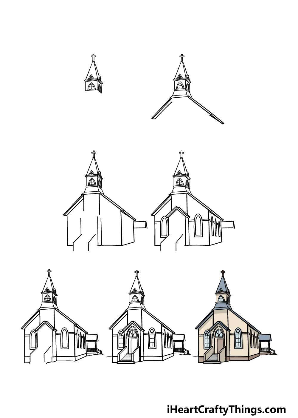 how to draw a church in 7 steps