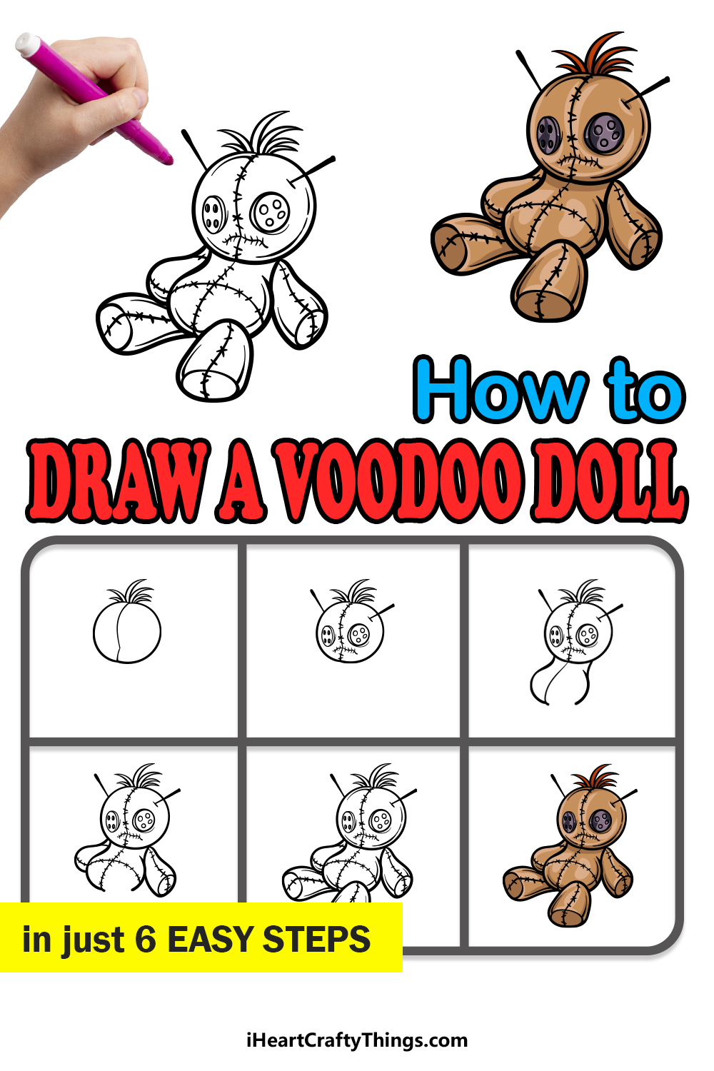 how to draw a Voodoo Doll in 6 easy steps