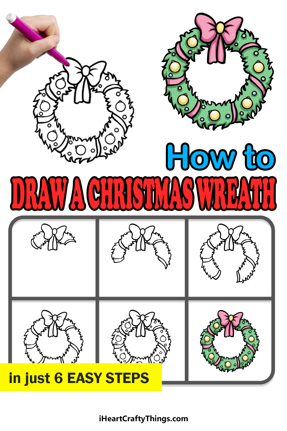 how to draw a Christmas Wreath in 6 easy steps