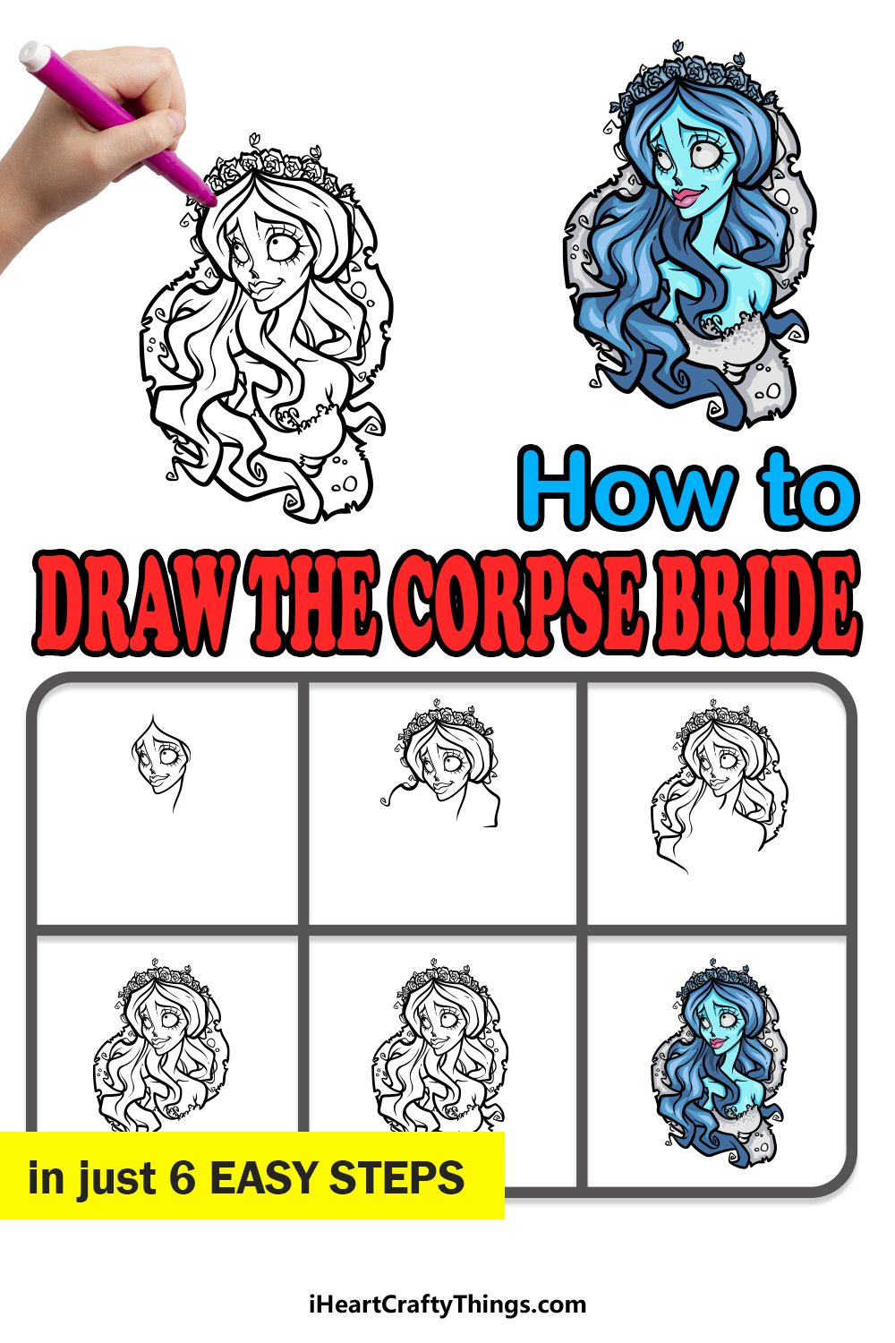 how to draw the Corpse Bride in 6 easy steps