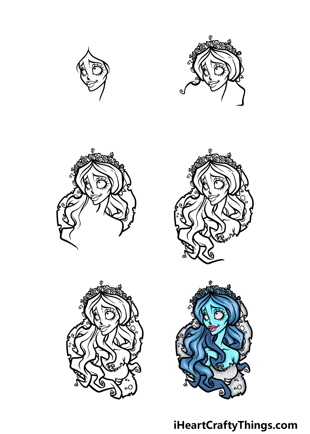 how to draw the Corpse Bride in 6 steps