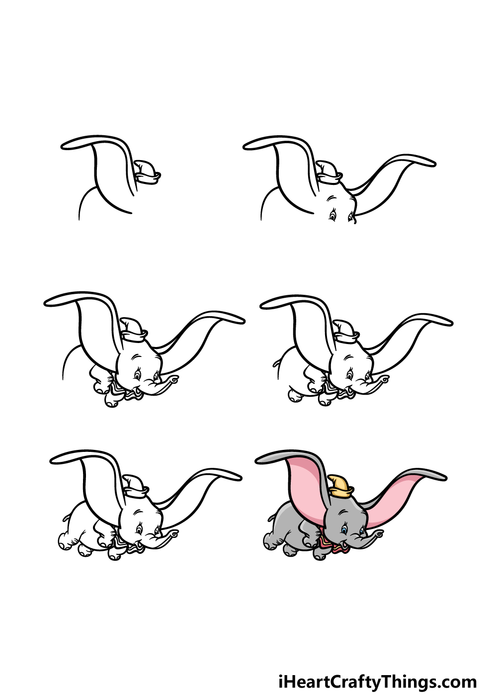 how to draw Dumbo in 6 steps