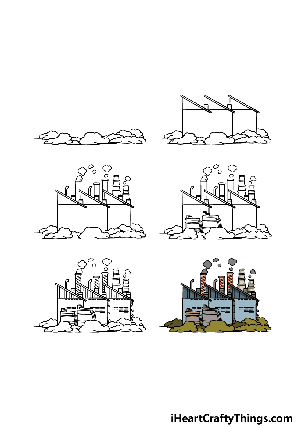 how to draw a factory in 6 steps