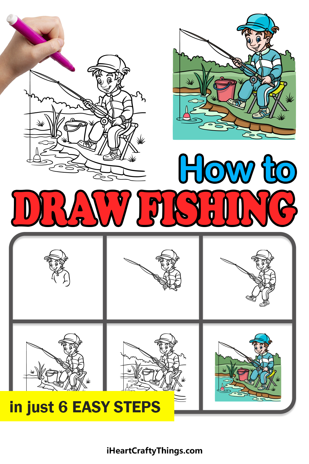 how to draw fishing in 6 easy steps