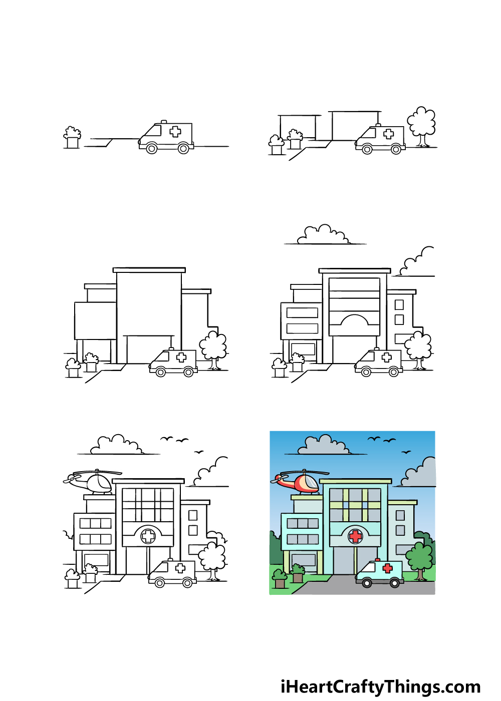 how to draw a hospital in 6 steps