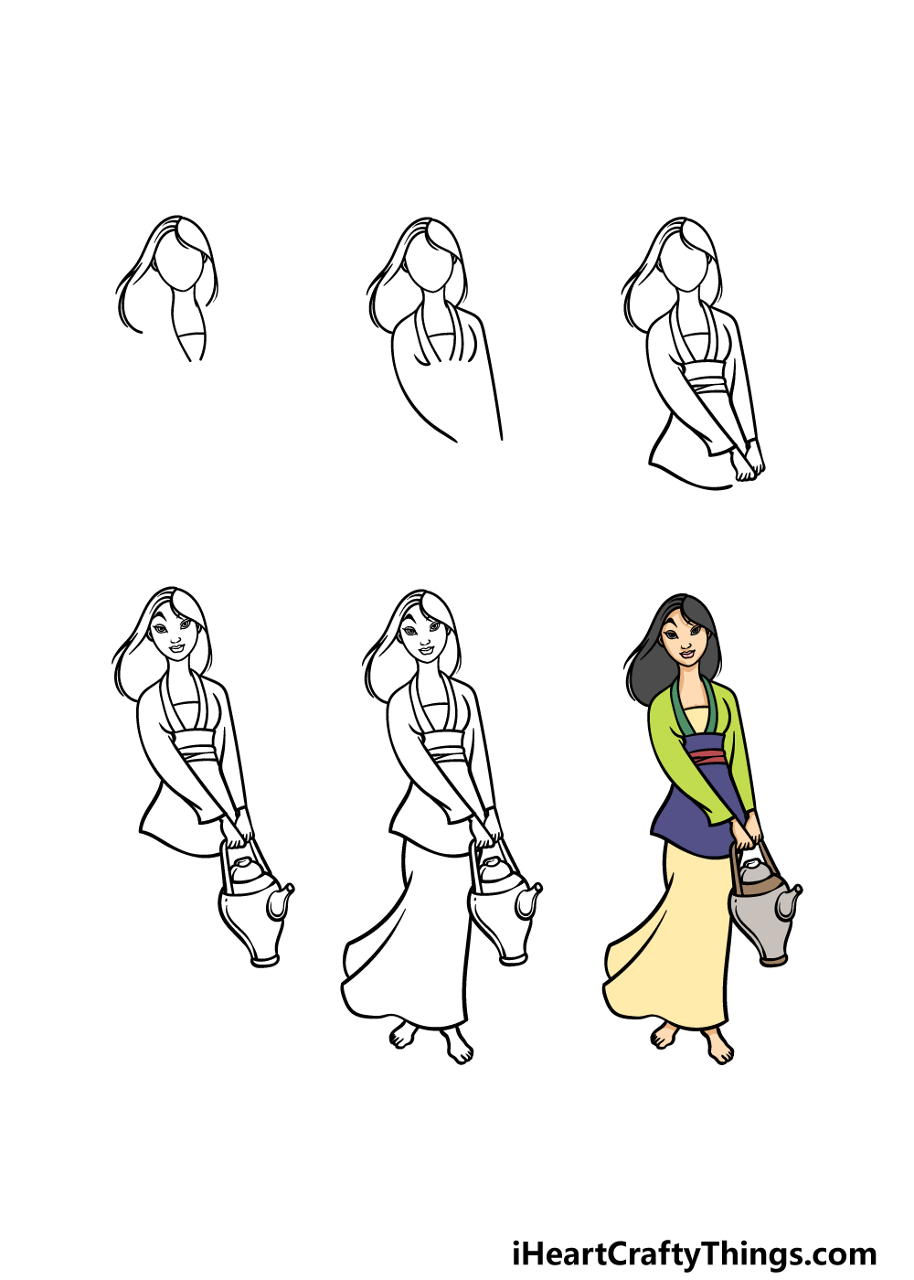 how to draw Mulan in 6 steps