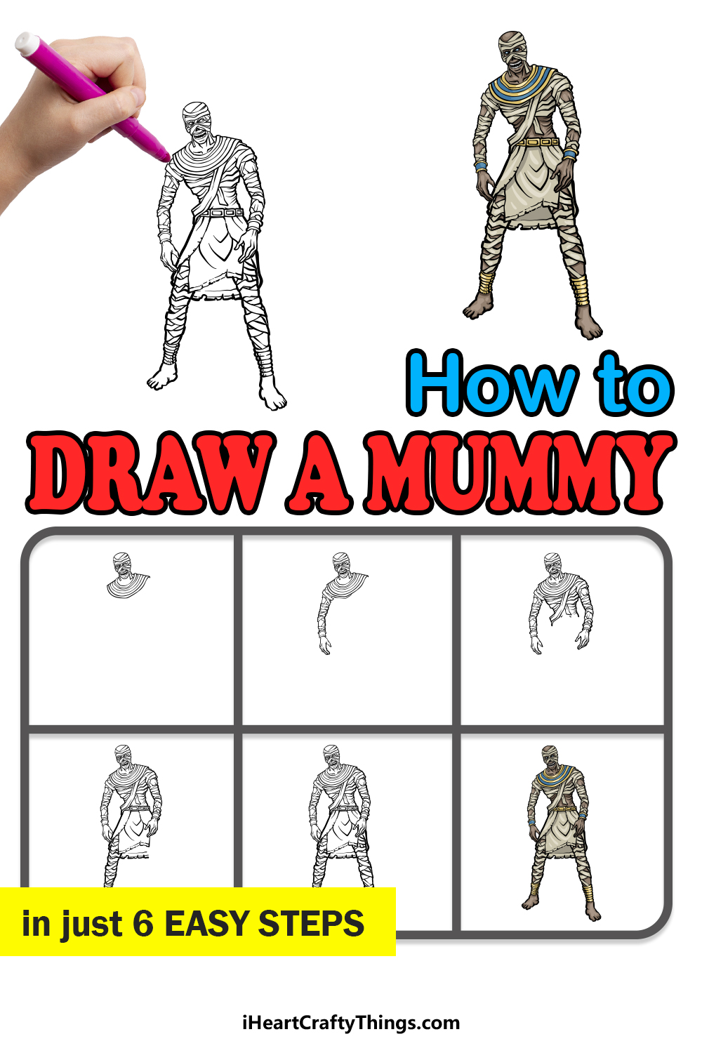 how to draw a Mummy in 6 easy steps