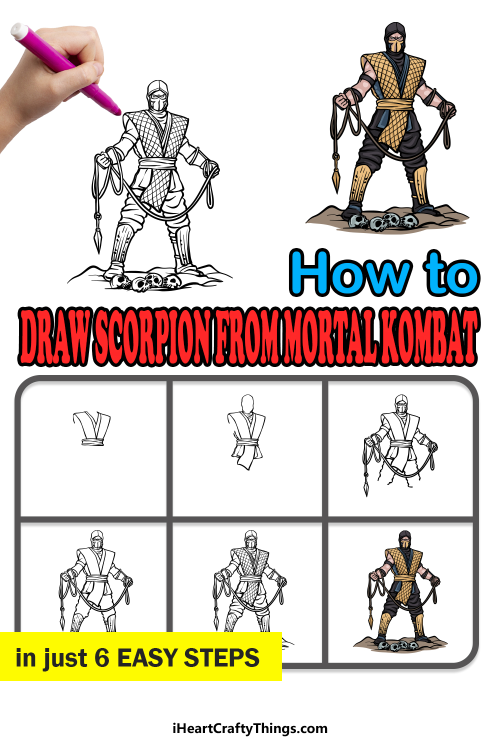 how to draw Scorpion from Mortal Kombat in 6 easy steps