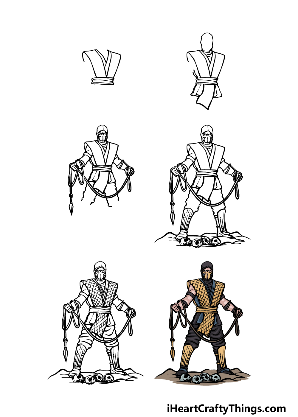 how to draw Scorpion from Mortal Kombat in 6 steps