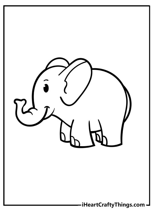 Coloring image featuring side view of a cute baby elephant with blank background