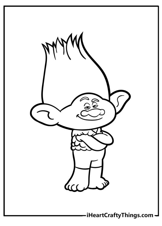 Troll-themed coloring printable picture featuring smiling troll Branch standing with crossed arms
