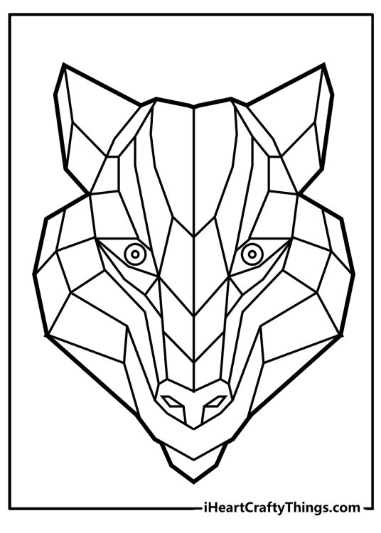 Animal-themed coloring image featuring head of a wolf made of various geometrical shapes