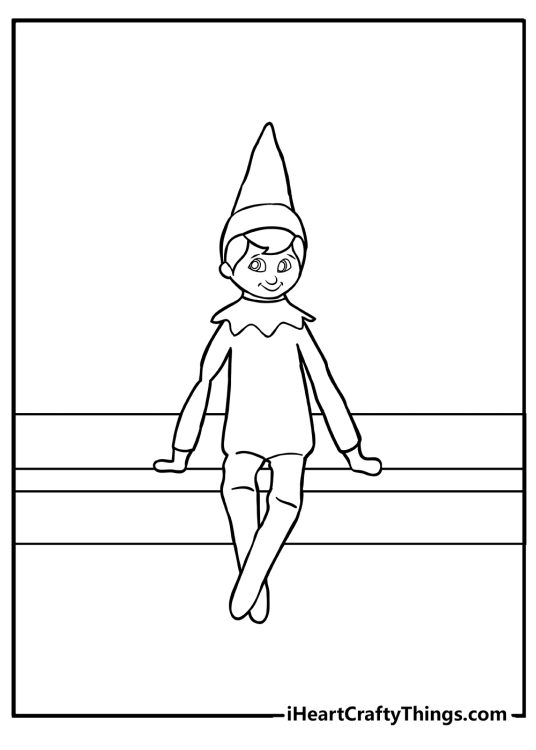 Elf on the Shelf coloring card of an little elf sitting on a shelf with legs crossed and arms widely spread