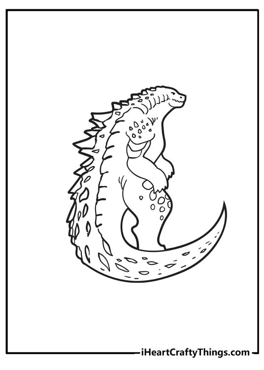 Printable page featuring full size Godzilla from back lined with armored plates and its lizard tail