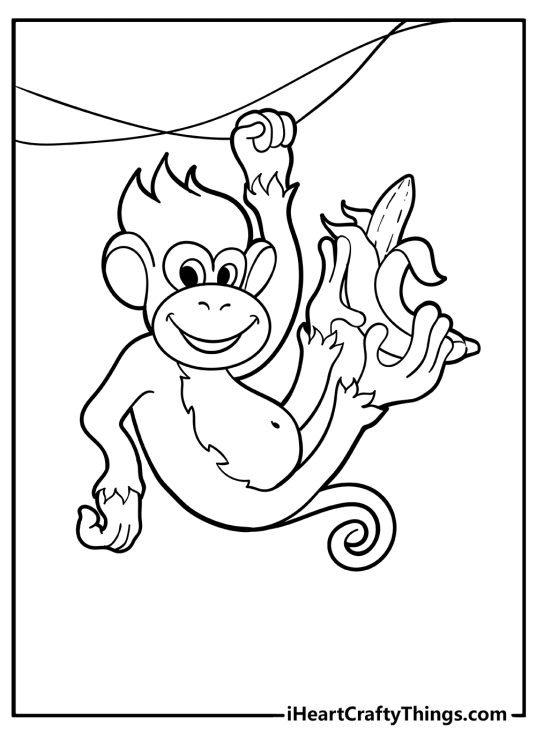 Printable picture of a playful monkey hanging on a very thin vine and holding a banana with its legs