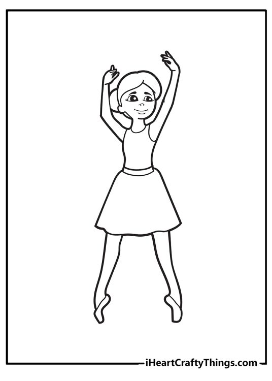 Ballerina-themed picture to print and color featuring a girl practicing her routine dance