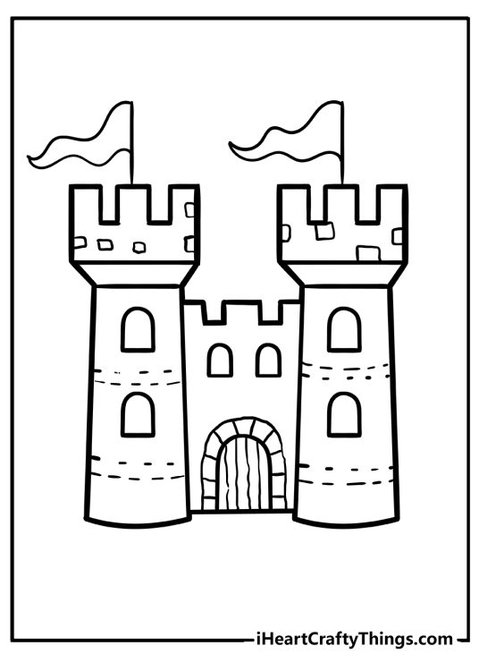 Free printable for adults featuring fortified gatehouse of a castle with two towers
