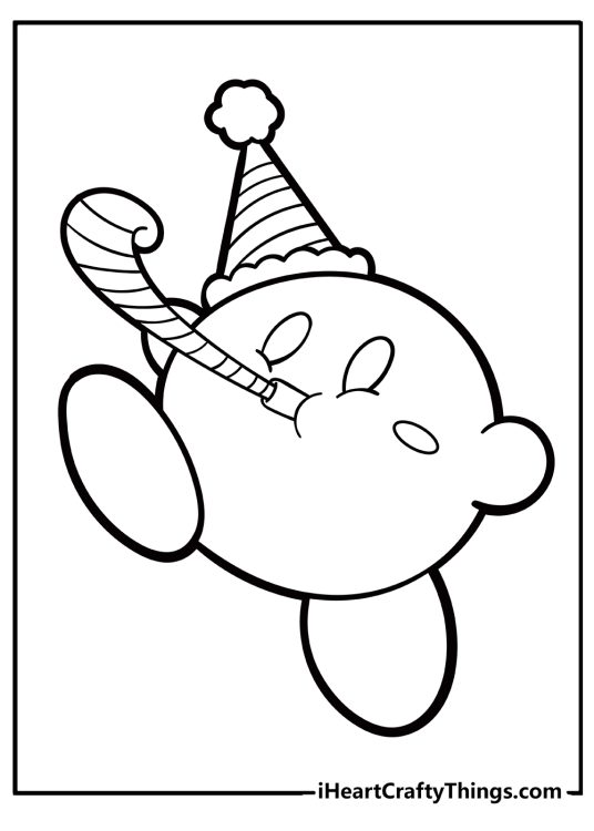 Free coloring picture presenting Kirby wearing a party hat and blowing a party horn
