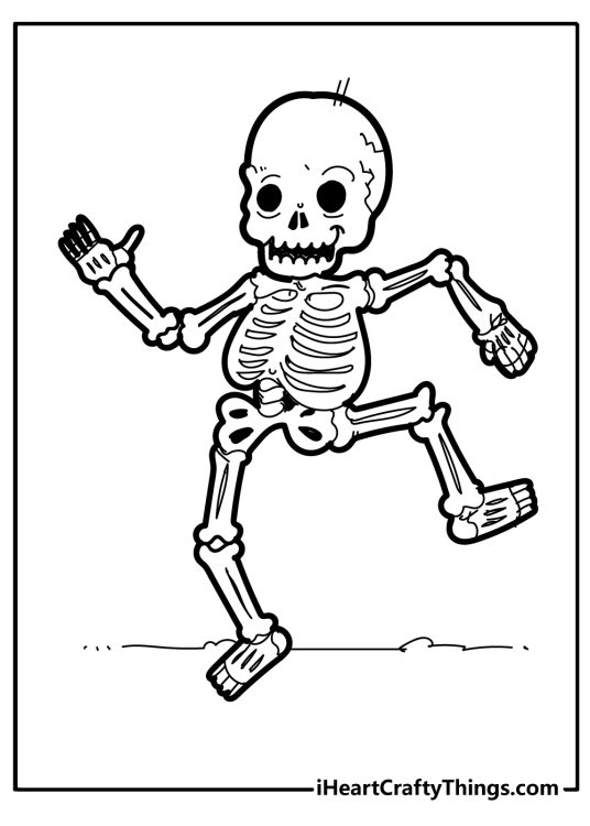Detailed printable coloring picture presenting dancing skeleton with clear background