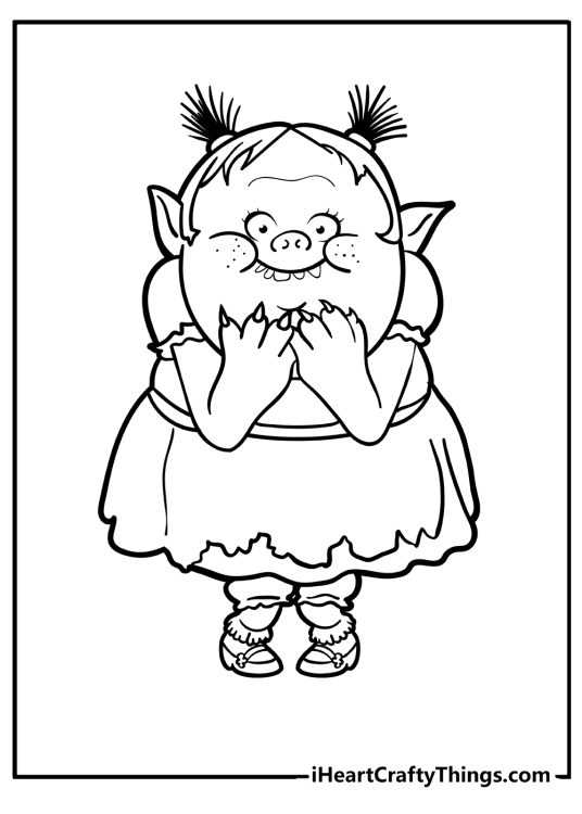 Troll-themed image of a Bridget with a unibrow, teeth sticking out of her mouth and hair styled in short pigtails