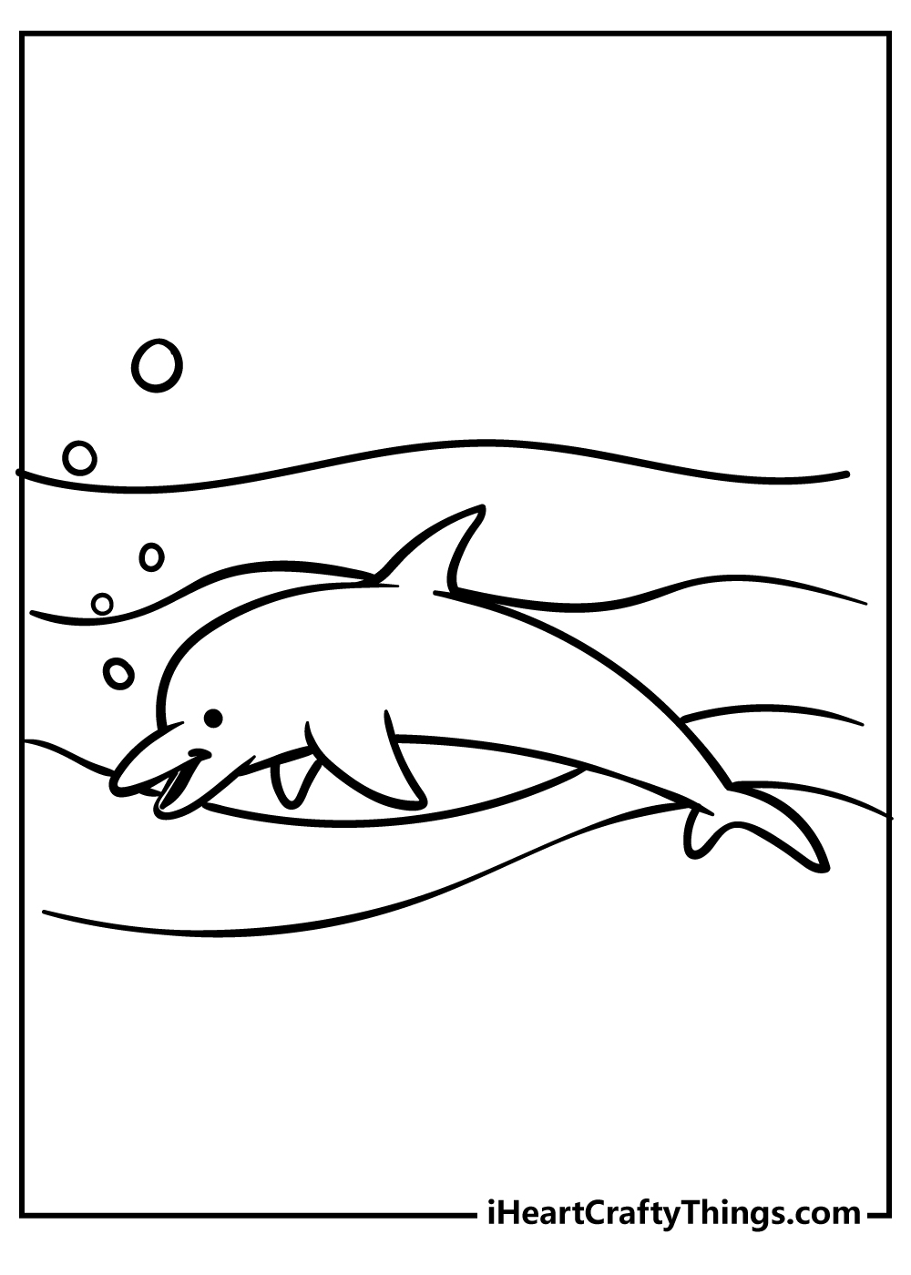 Free printable pdf featuring dolphin with bubbles and wavy lines in the background