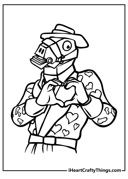 Fortnite coloring page featuring character wearing horse mask hat and heart-patterned suit