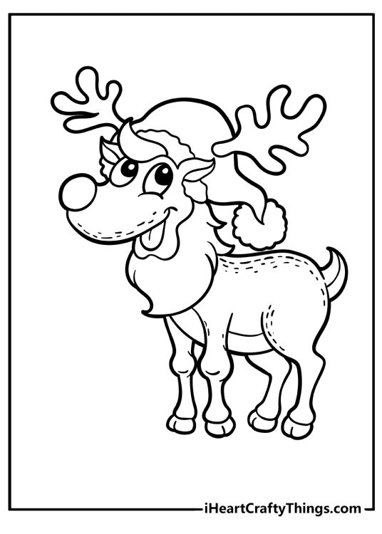 Christmas-themed coloring sheet presenting red-nosed reindeer Rudolf with a joyful smile