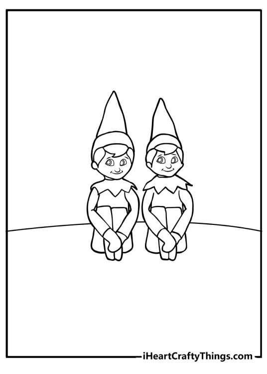 Elf on the Shelf coloring pdf featuring two elves sitting side by side with their knees pulled up to the chests