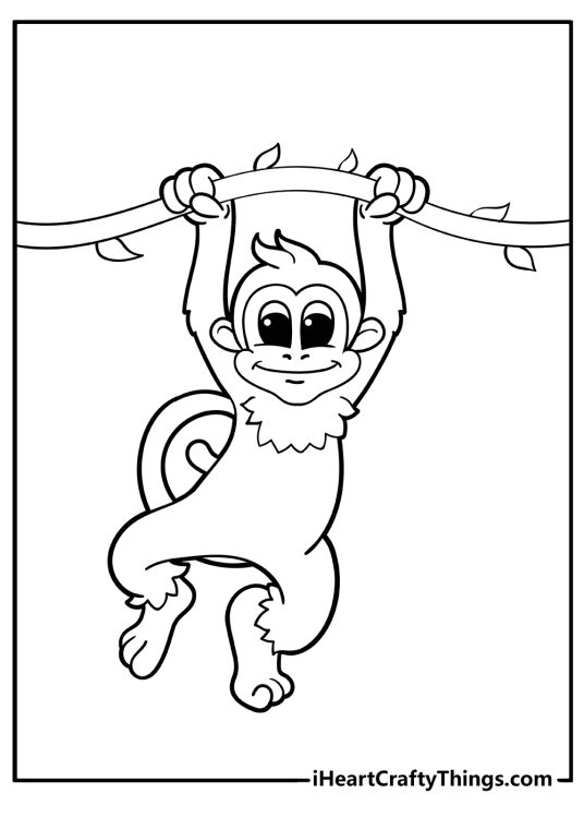 Monkey-themed coloring sheet featuring joyous monkey swinging from a tree branch