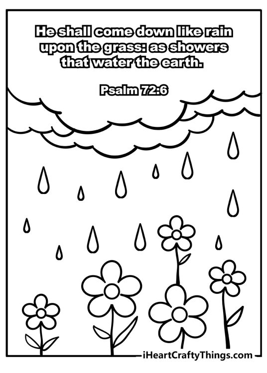 Coloring sheet featuring Bible Verse from Psalm 72-6 with drops of rain that fall from a cloud on five flowers