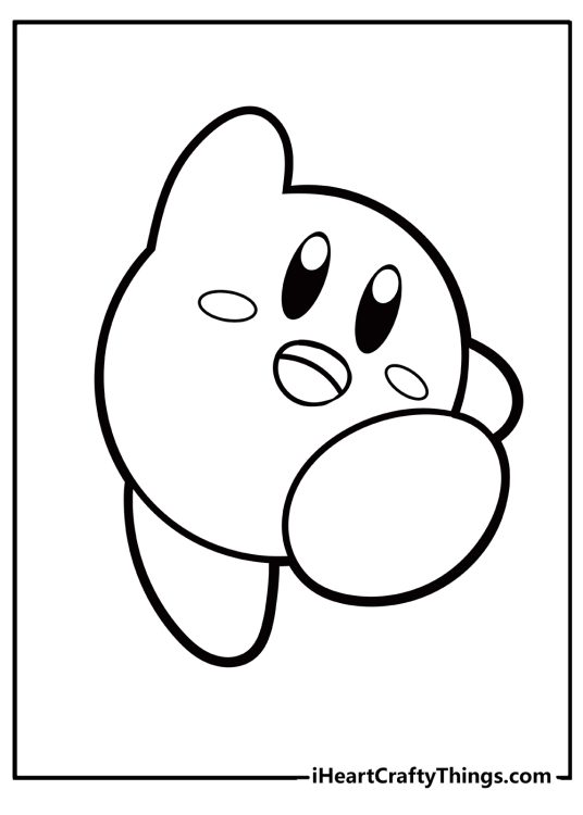 Picture of a happy-looking Kirby jumping in the air with clear background behind him