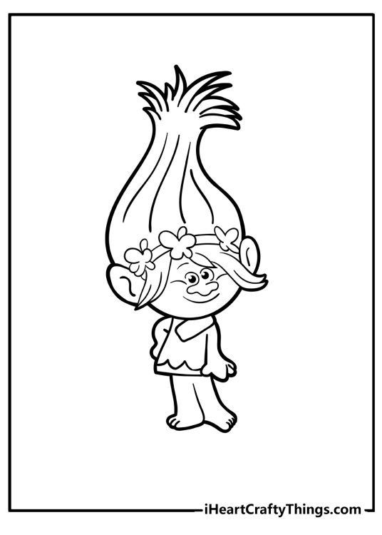 Troll coloring printable featuring Poppy posing in a short dress and a crown of flowers