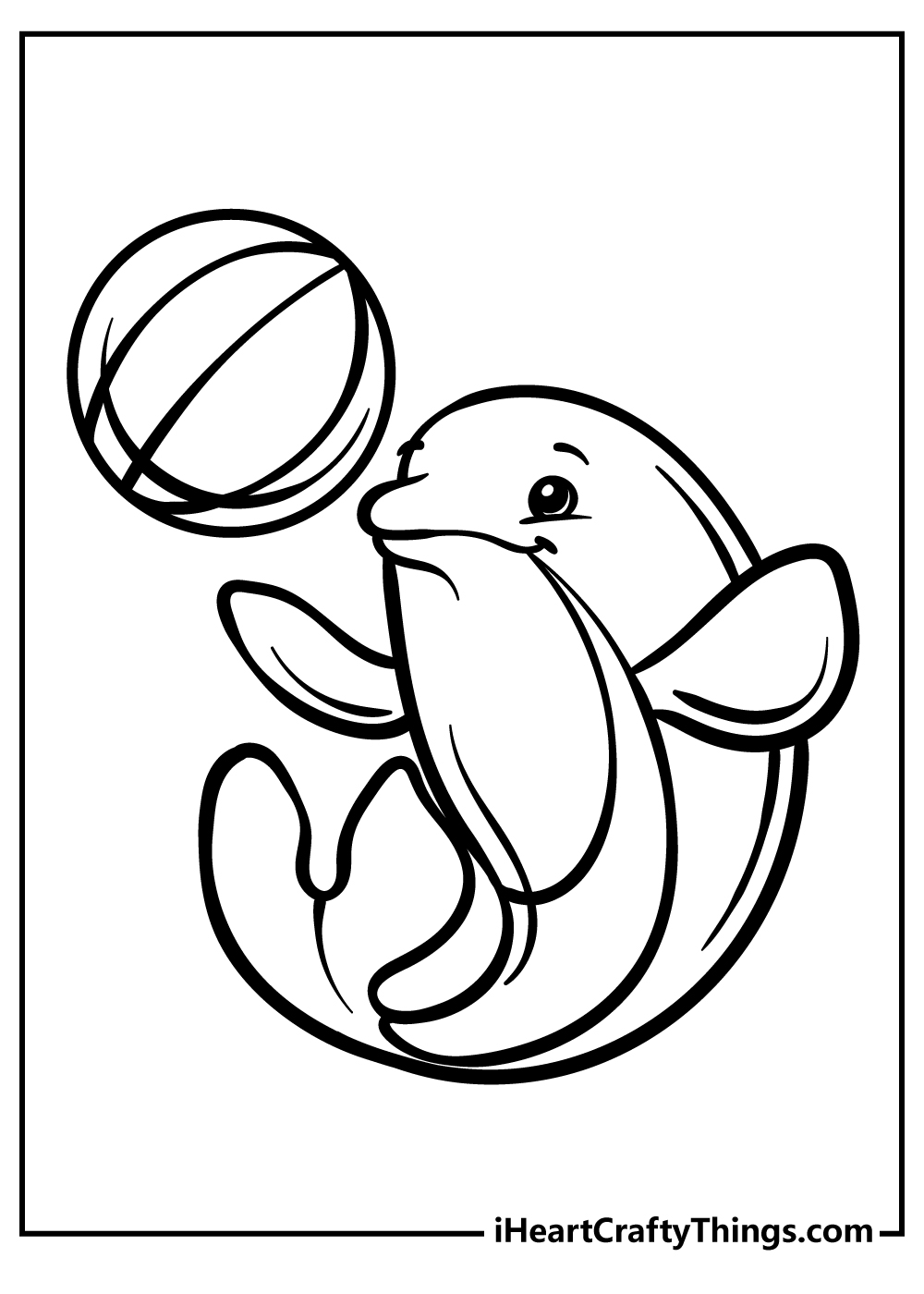 Free printable coloring page for kids featuring dolphin playing with a big beach ball