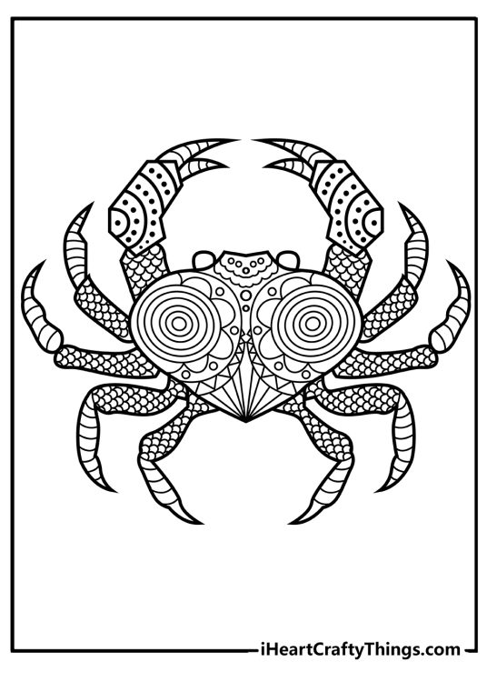 Animal-themed coloring page for adults featuring single crab with mandala pattern all over its body