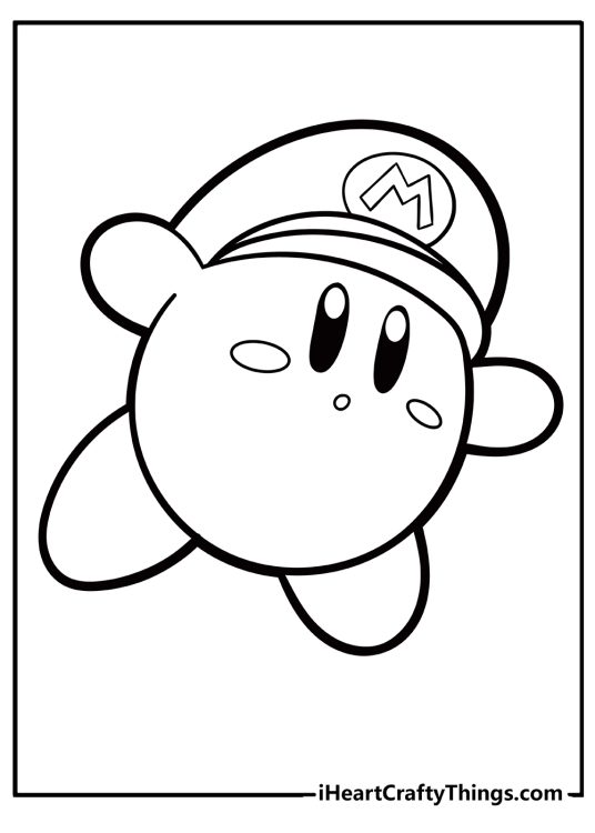 Coloring page for kids featuring Kirby floating in the air and wearing a Super Mario hat