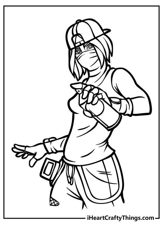 Coloring picture of a Fortnite girl wearing a mask gloves hat and holding a can of spray paint