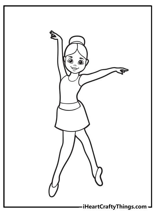 Ballerina coloring page featuring a dancer in the en pointe position wearing skirt and a tank top